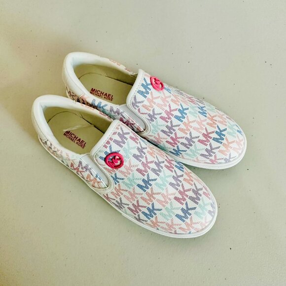 NEW MICHAEL KORS TEDDI MULTICOLOR SIGNATURE MK LOGO BARBIECORE SLIP-ON - Picture 1 of 9